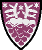 Party per fess wavy Purpure and Argent, a bunch of grapes hanging from a pair of antlers counterchanged, in chief three mullets of the second.