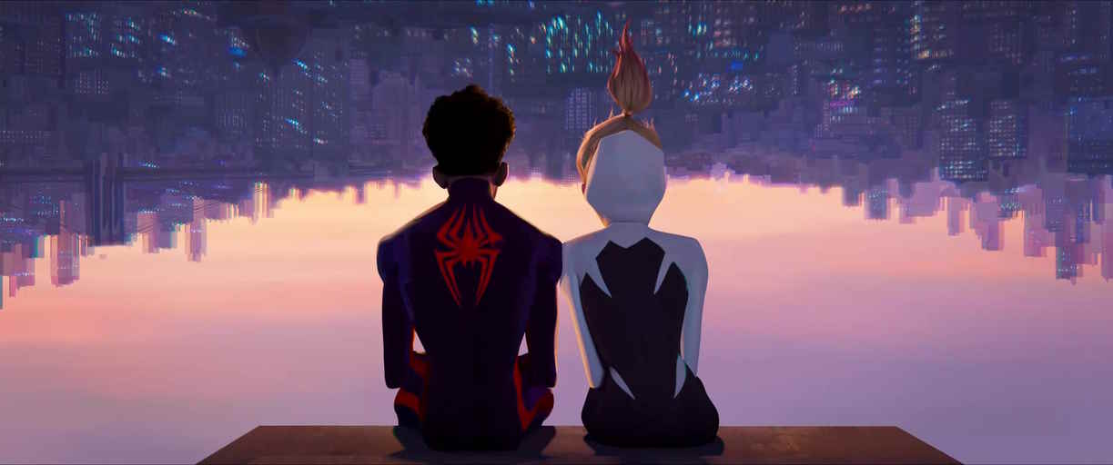 Two costumed heroes lean into each other, while sitting on a ledge… upside down, as the skyline of the city in front of them stretches from the streets at the top to the sky at the bottom