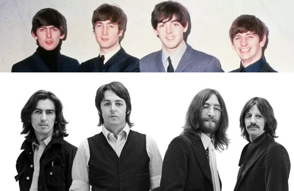 A before-and-after pic of the Beatles in 1963 and 1970