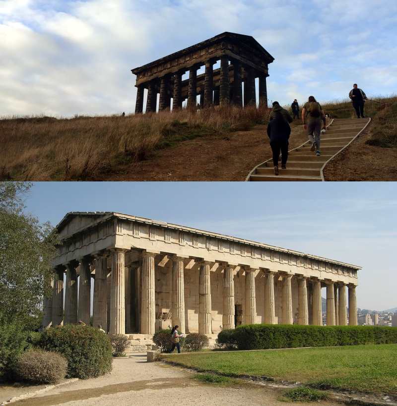 On the top, the same building from before, now pictured from a rather closer distance, on a punishing set of stairs. Its façade is black with soot. On the bottom, a pristine ancient Greek temple, surrounded by a row of hedges.