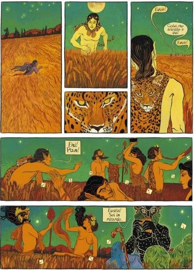 A comic illustrated in a colourful style reminiscent of Ancient Greek pottery