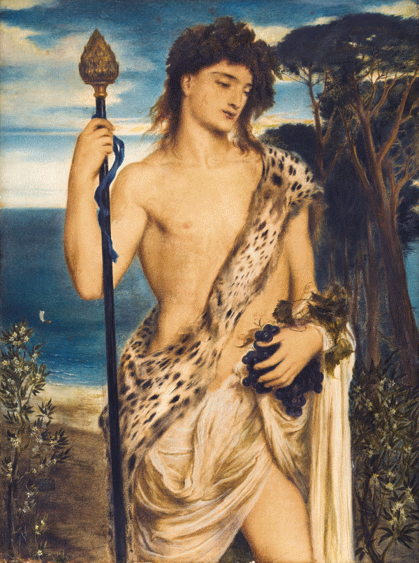 A painting of Dionysos, holding a stalk of grapes.